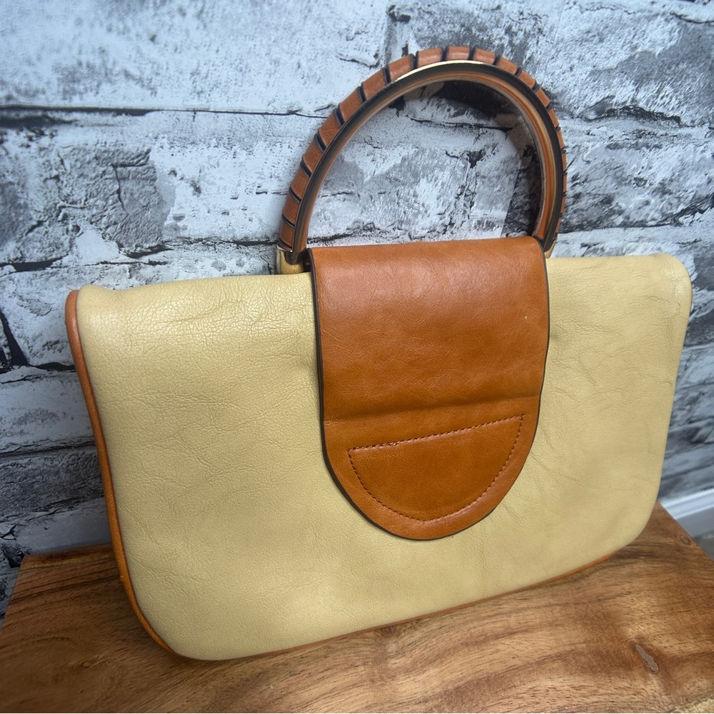 EUC Elegant Tan and Brown Women's Handbag with Gold Shoulder Chain Attachment - Picture 2 of 16
